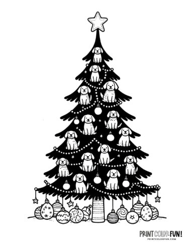 Christmas tree with puppy dog decorations coloring page - PrintColorFun com