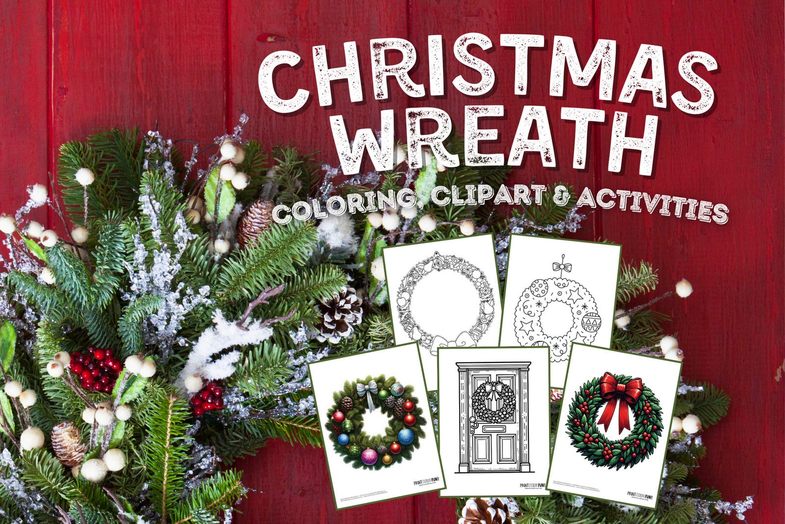 Christmas wreath coloring page clipart activities from PrintColorFun com