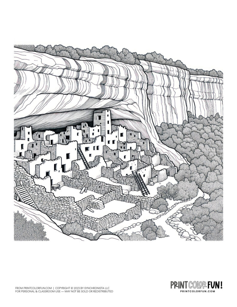 Color the historic Mesa Verde Cliff Palace &amp; Native American pottery ...
