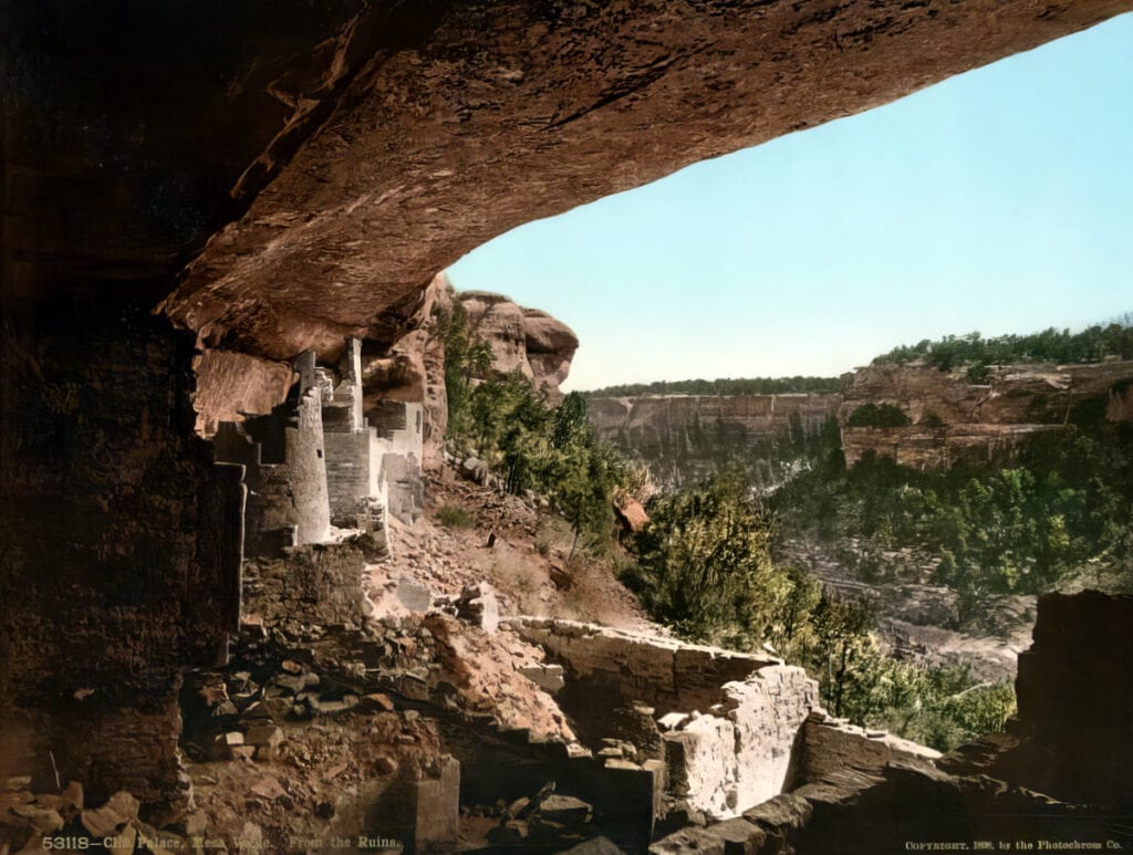 Cliff Palace, Mesa Verde, from the ruins - Colorado (1898) Photochrom by Detroit Publishing Co via LOC