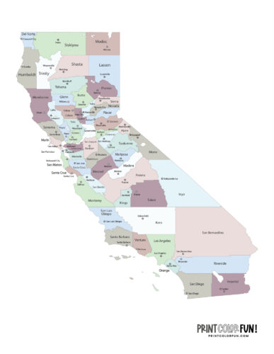 Color California map with counties and cities - PrintColorFun com