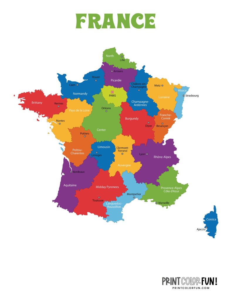 Maps of France to color, at PrintColorFun.com