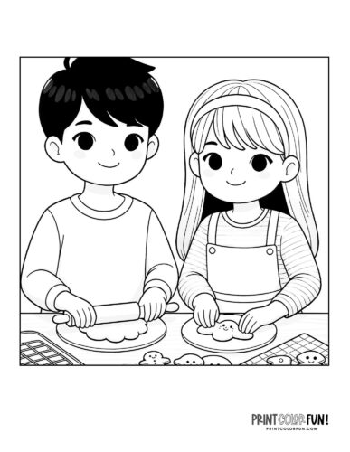 Color these two kids making gingerbread man cookies from PrintColorFun com