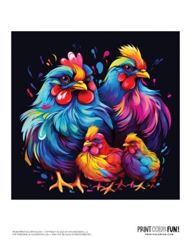 Colorful neon chickens clipart drawing from PrintColorFun com (1)