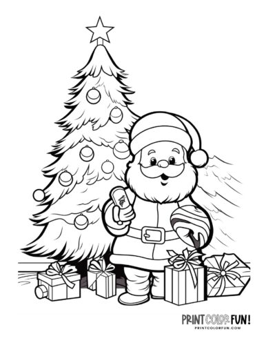 Cute Santa Claus with a Christmas tree coloring page from PrintColorFun com