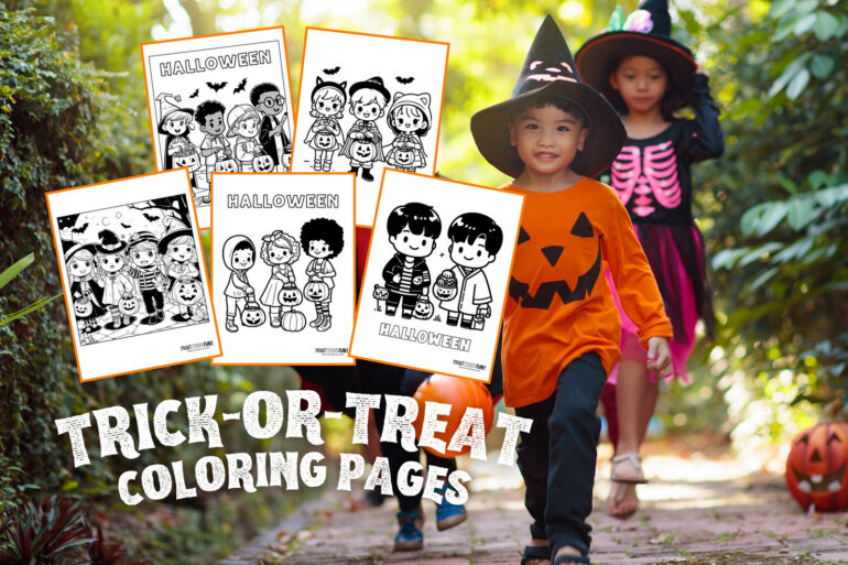 Cute Halloween trick or treat coloring pages from PrintColorFun com