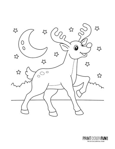 Cute Rudolph at night Christmas coloring page - PrintColorFun com