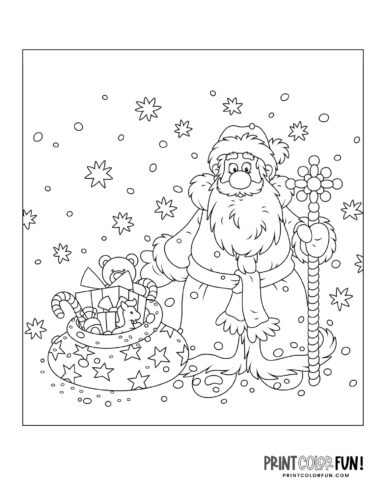Cute Santa Claus with gifts and stars coloring page from PrintColorFun com