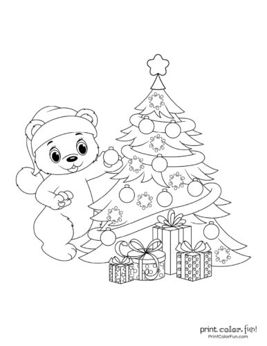 Cute bear and Christmas tree coloring page