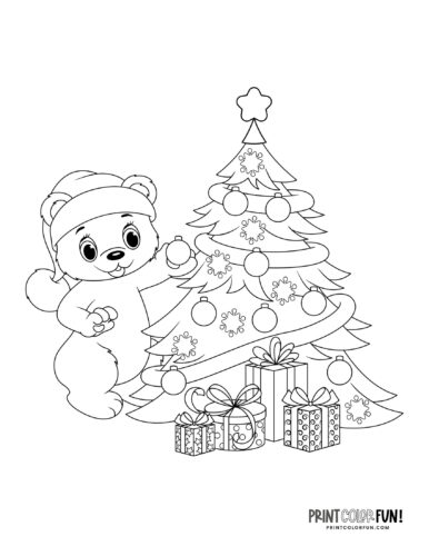 Cute bear decorating a Christmas tree coloring page - PrintColorFun com
