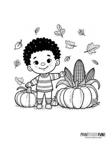Cute boy with corn and pumpkins - coloring page from PrintColorFun com