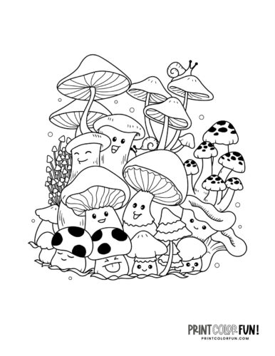 Cute cartoon mushrooms coloring book page