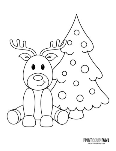 Cute cartoon reindeer with Christmas tree coloring page