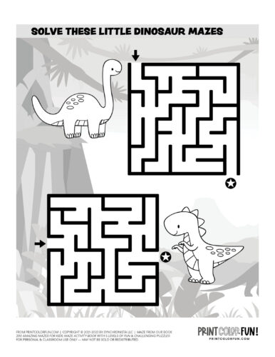 Cute dinosaur themed easy beginner maze from PrintColorFun com
