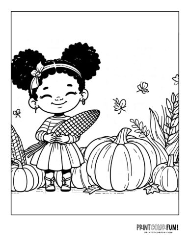 Cute girl at a farm in fall - coloring page from PrintColorFun com