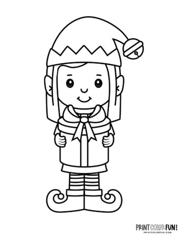 Cute girl elf with a Christmas present coloring page at PrintColorFun com