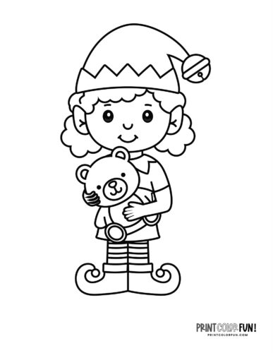 Cute girl elf with teddy bear coloring page at PrintColorFun com