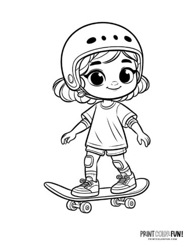 Cute girl riding on a skateboard coloring page from PrintColorFun com