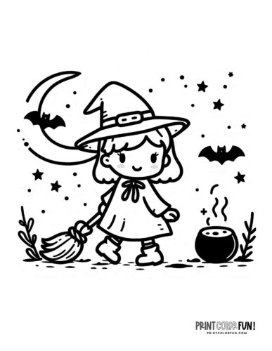 Cute girl witch line art coloring page from PrintColorFun com
