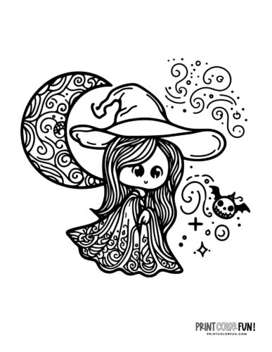 Cute little witch Halloween coloring page printable from PrintColorFun com