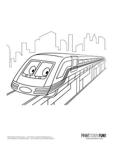 Cute modern train with eyes coloring clipart from PrintColorFun com
