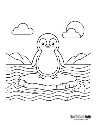 Cute penguin on an ice floe coloring page from PrintColorFun com
