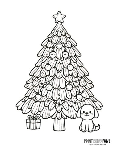 Cute puppy in front of a Christmas tree coloring page - PrintColorFun com