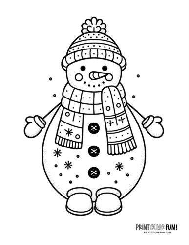 Cute snow person with a scarf and hat - Snowman coloring page from PrintColorFun com