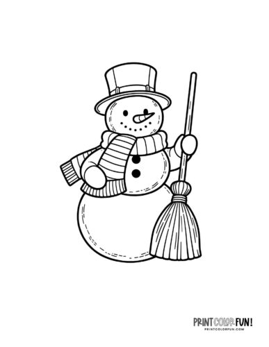 Cute winter snowman with broom and scarf coloring page from PrintColorFun com