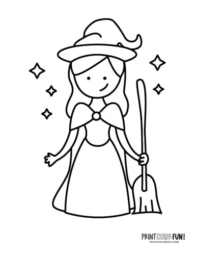 Cute witch girl - Halloween coloring book page from PrintColorFun com