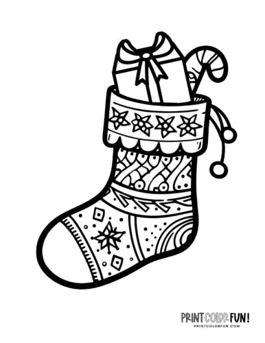 Decorative Christmas stocking coloring page printable from PrintColorFun com