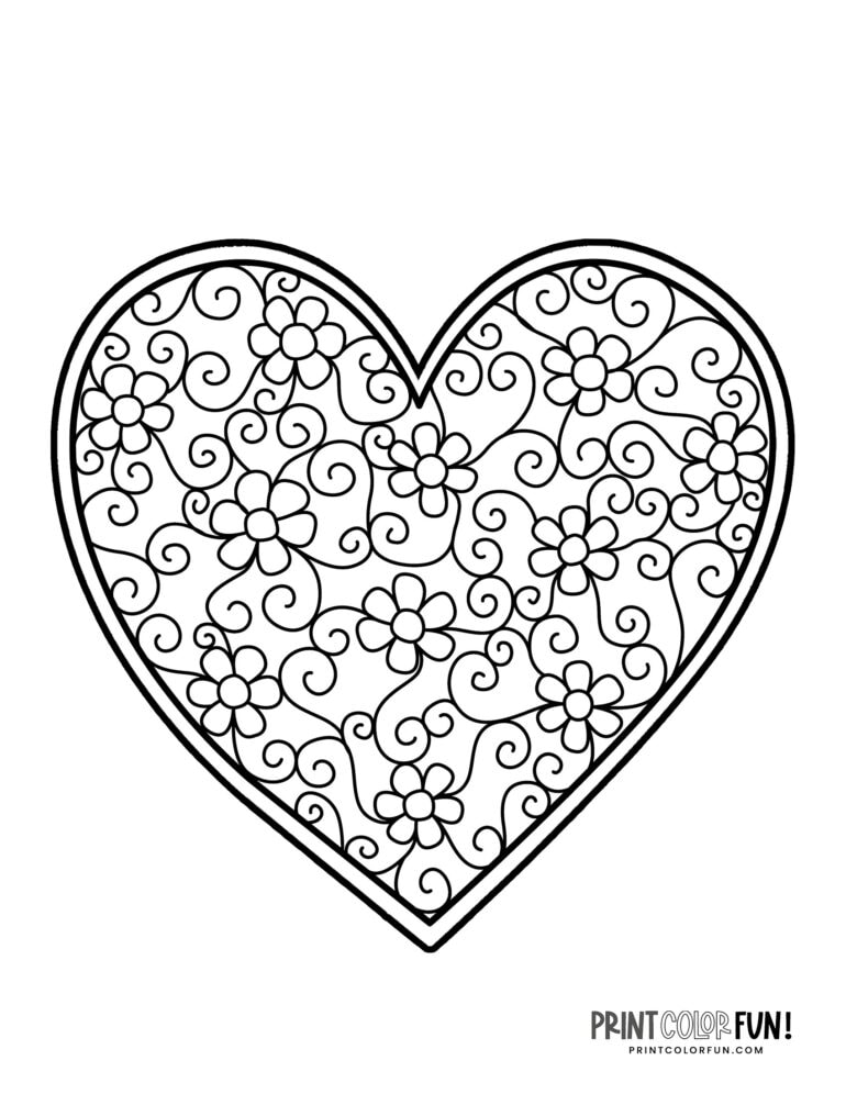 20 floral heart coloring pages, at PrintColorFun.com