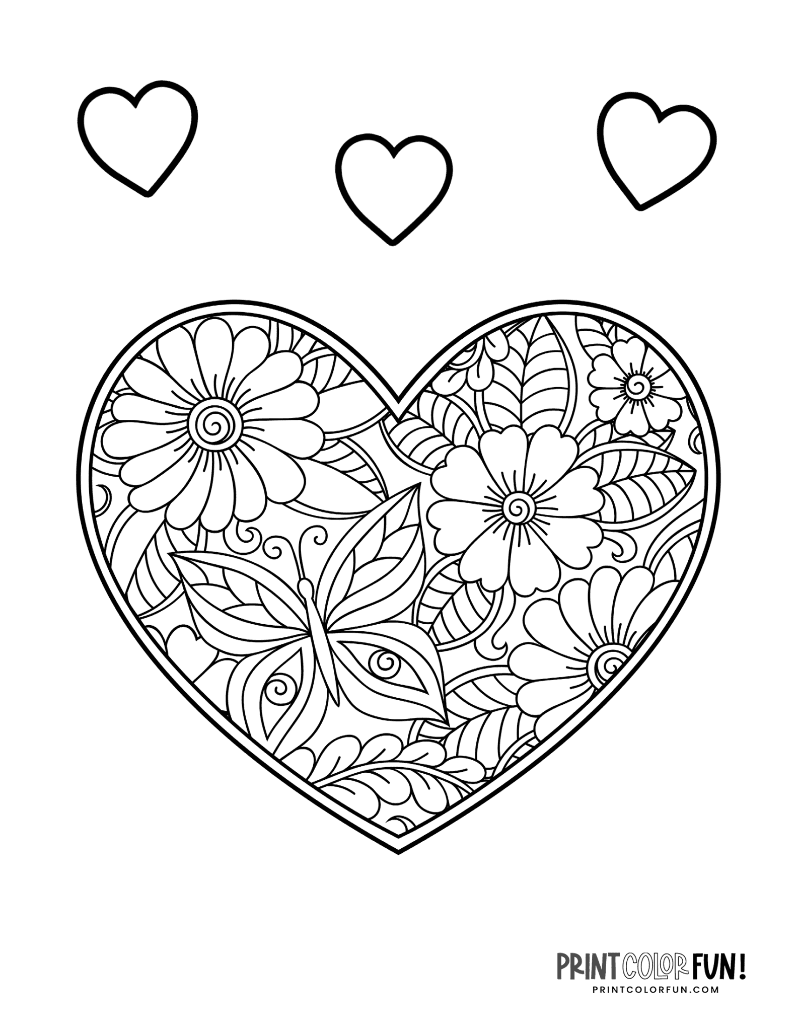 20 floral heart coloring pages, at PrintColorFun.com