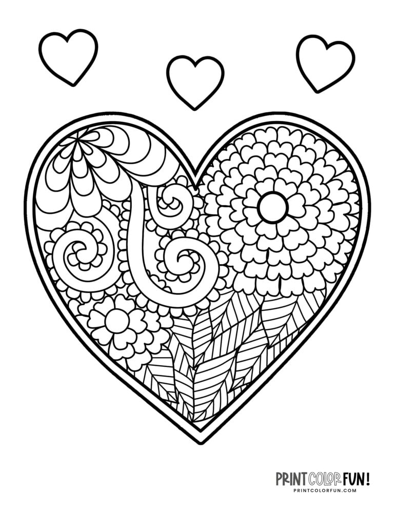 20 floral heart coloring pages, at PrintColorFun.com