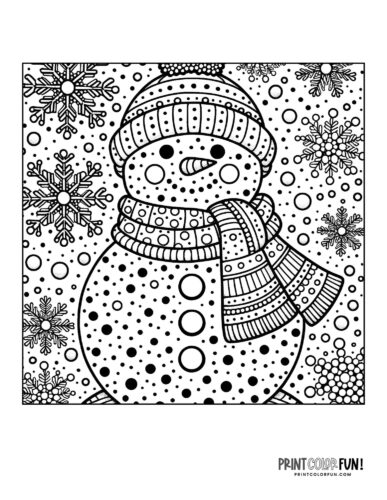 Detailed snowman coloring page for adults 05 from PrintColorFun com