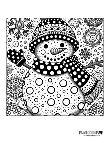 Detailed snowman coloring page for adults 07 from PrintColorFun com