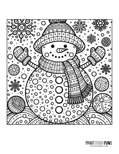 Detailed snowman coloring page for adults 08 from PrintColorFun com