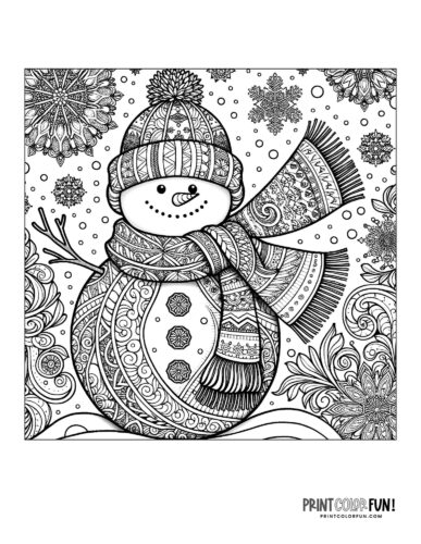 Detailed snowman coloring page for adults 09 from PrintColorFun com