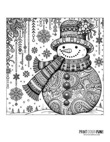 Detailed snowman coloring page for adults 11 from PrintColorFun com