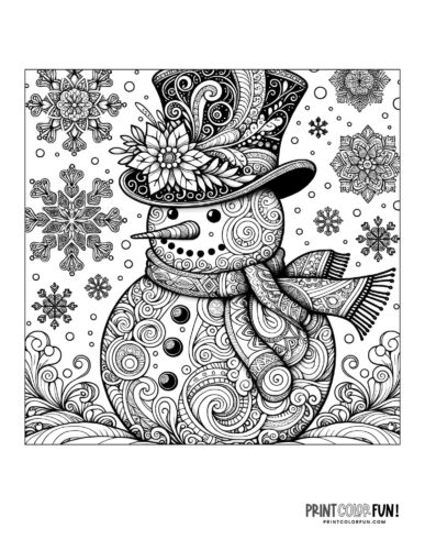 Detailed snowman coloring page for adults 12 from PrintColorFun com