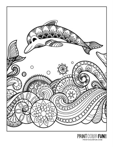 Dolphin zen doodle-style adult coloring book page (4)
