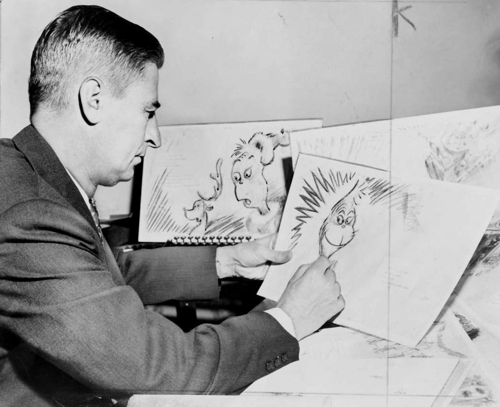 Dr Seuss Ted Geisel drawing a grinch 1957