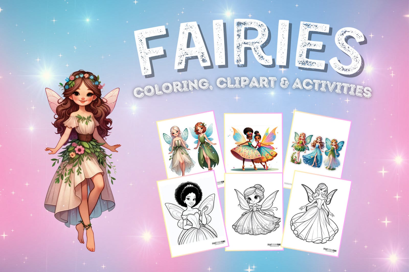 Fairy and fairies coloring page clipart activities from PrintColorFun com