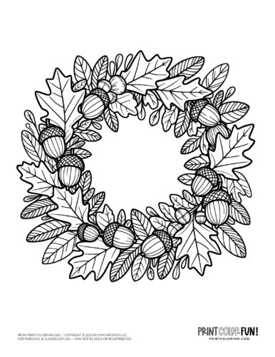 Fall wreath with acorns coloring page from PrintColorFun com 1