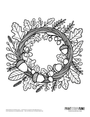 Fall wreath with acorns coloring page from PrintColorFun com 2