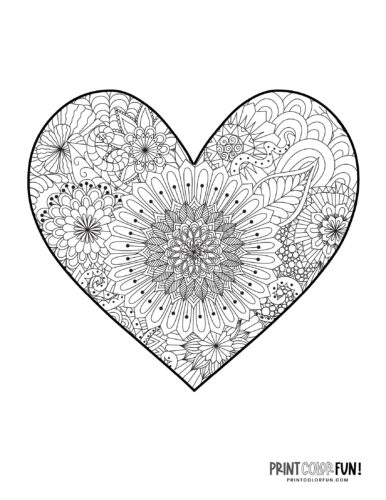 Fancy detailed floral pattern inside a heart to color