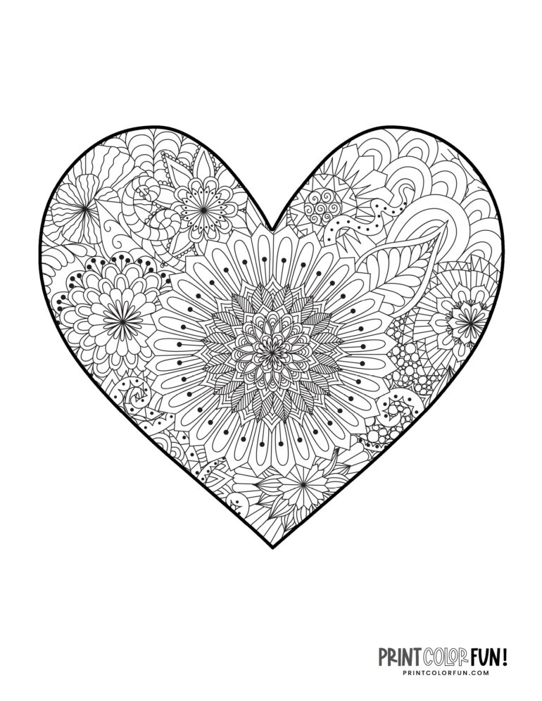 20 floral heart coloring pages, at PrintColorFun.com