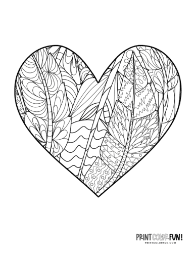 Feather pattern zen doodle heart coloring