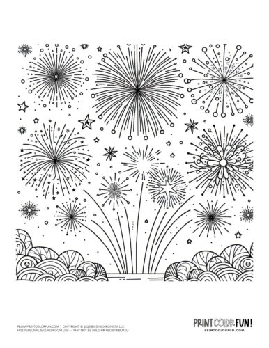 Fireworks exploding in the sky coloring page clipart from PrintColorFun com
