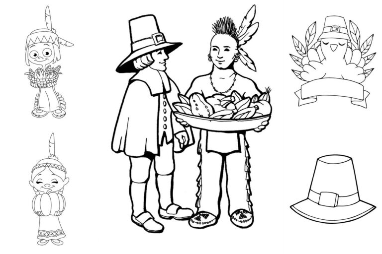 First Thanksgiving coloring pages, with pilgrims and Native Americans